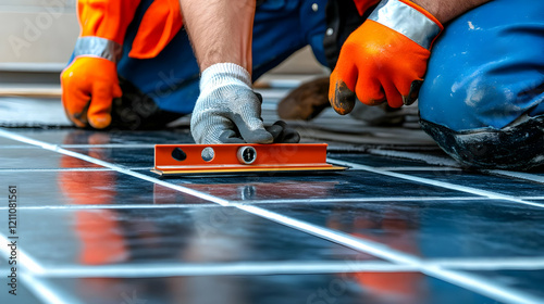 Worker Checks Tile Levelness with Spirit Level During Precise Floor Installation Carefully and Meticulously photo