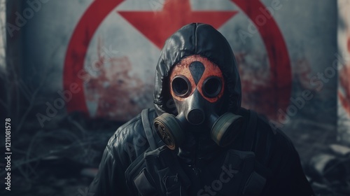 Nuclear threat logo, radiation hazard sign, gas mask guy, leak prevention, and trefoil symbol photo