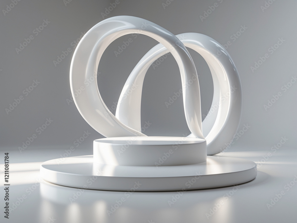 Minimalist 3D sculpture with smooth, interlocking white curves on a circular platform, set in a clean, soft-lit environment. Minimalist 3D sculpture with smooth, interlocking white curves on a circular platform, set in a clean, soft-lit environment.