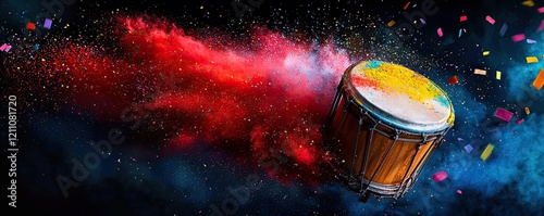 Vibrant Drum Surrounded by Colorful Powder Explosion Against Dark Background, Holi festival culture music