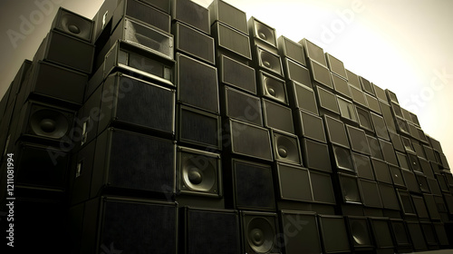 A Wall of Speakers Creates an Imposing Sound System with Powerful Audio Output and Rhythmic Beats photo