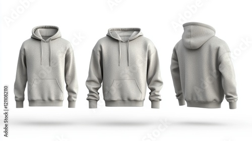 Grey Hoodie Mockup: Three Views of a Blank Sweatshirt photo