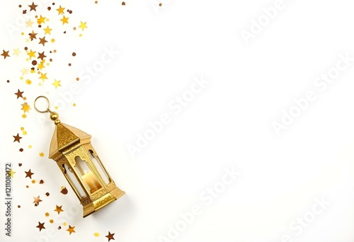 Festive Ramadan holiday composition, web banner. Golden ornamental Moroccan lantern and star shaped confetti isolated on white table background. Iftar party, Eid ul Fitr or Eid al Adha flatlay. Top. photo