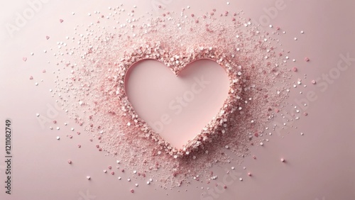 A delicate heart-shaped frame crafted from rosy sprinkles and tiny hearts, scattered on a blush-pink backdrop; a romantic visual for love and affection.