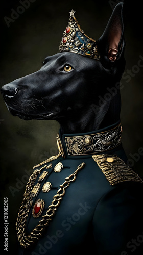 Majestic Black Dog Wears Or...