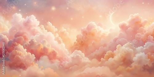Dreamlike Celestial Cloudscape A Serene Panorama of Soft Pink and Gold Hues, Illuminated by a Crescent Moon and Twinkling Stars