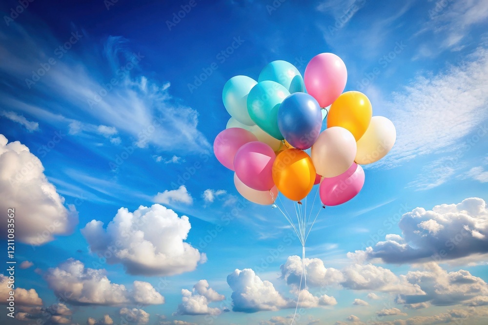 A cluster of colorful balloons floats serenely against a vibrant blue sky dotted with fluffy white clouds, a joyful and uplifting scene symbolizing dreams and celebration A cluster of colorful balloons floats serenely against a vibrant blue sky dotted with fluffy white clouds, a joyful and uplifting scene symbolizing dreams and celebration