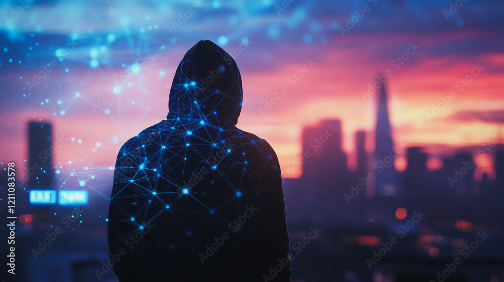 Hacker are planning to hack and attack networks and cyber security systems.Smart digital city with connection Innovation network reciprocity over the cityscape