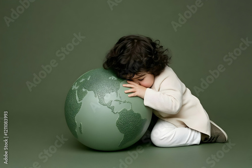 Small Child Embraces a Gree...