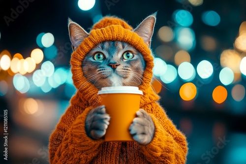 Pet well-being. Happy cute adult cat siamese in winter warm clothes, holding hot tea with rising steam in paws. Jocular pets. Pet care products. Pet winter scarf. Kitten winter tips. photo