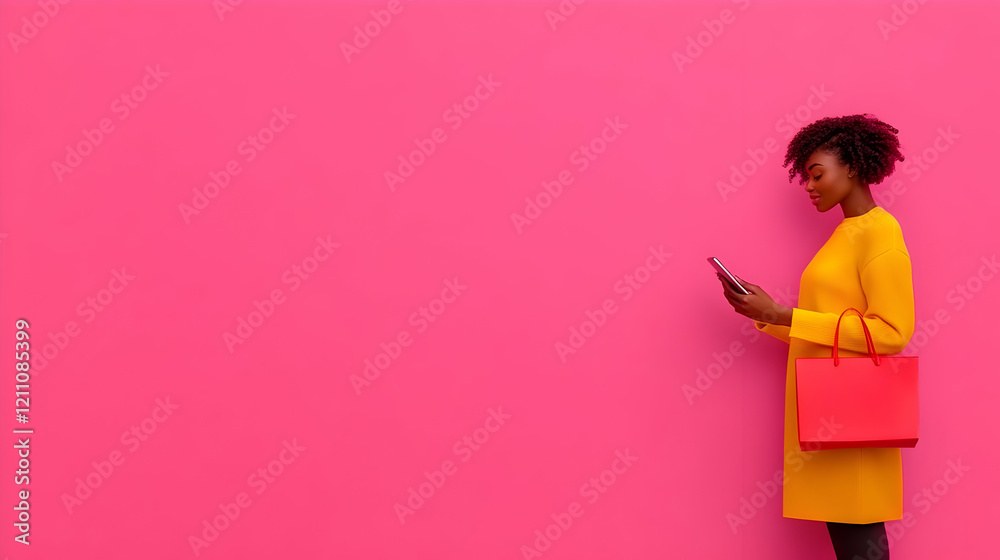 Woman in Yellow Holds Phone and Shopping Bag on Pink Background, Side View