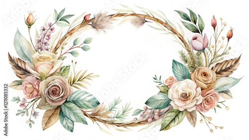 Elegant Watercolor Floral Wreath with Neutral Tones and Botanical Accents for Wedding Invitations and Decorative Purposes