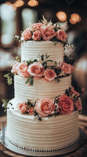 Elegant Three-Tiered Wedding Cake with Pink Roses and Greenery