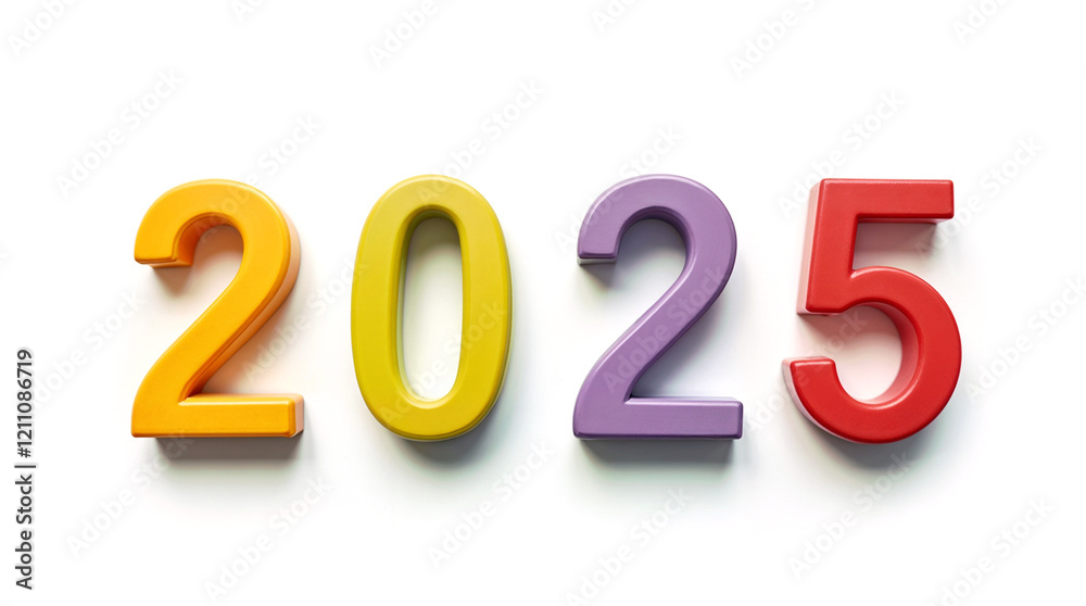 number 2025 assembled from color children's construction blocks at plain white background top view number 2025 assembled from color children's construction blocks at plain white background top view