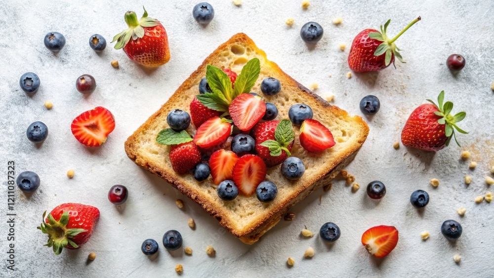 A delightful slice of toasted bread adorned with fresh strawberries and blueberries, garnished with aromatic mint leaves, creating a vibrant and appetizing breakfast scene.