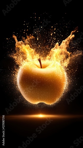 Fiery golden apple with explosive effects