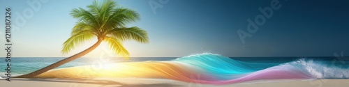 Stunning Tropical Beach at Sunrise with Colorful Waves and Palm Tree Silhouette, Dream Vacation Destination and Tranquil Oceanfront Paradise Vibes photo