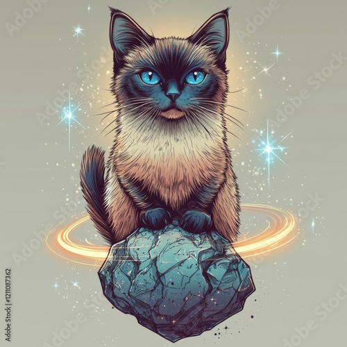 Enchanting Siamese Cat on Magical Floating Rock with Cosmic Background and Glowing Elements - Perfect for Fantasy Art Lovers and Cat Enthusiasts photo