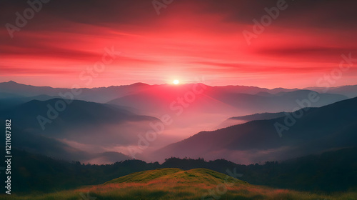 Vibrant sunrise illuminates misty mountain valley with a red sky and grassy foreground