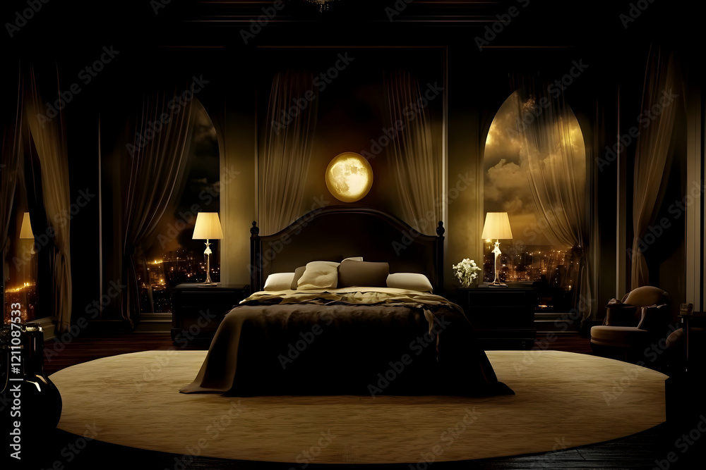 Fototapeta premium Luxury Bedroom Interior Design Showcases Elegant Bed, Lamps, and City View at Night