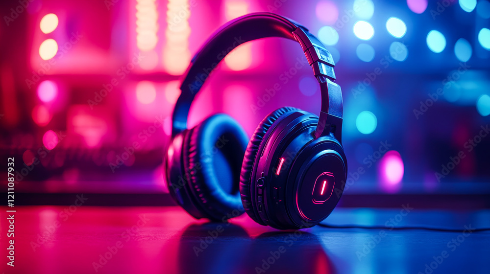 Vibrant Gaming Headset with Neon Backdrop Vibrant Gaming Headset with Neon Backdrop