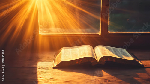 Open Book Lies on Wooden Ta...