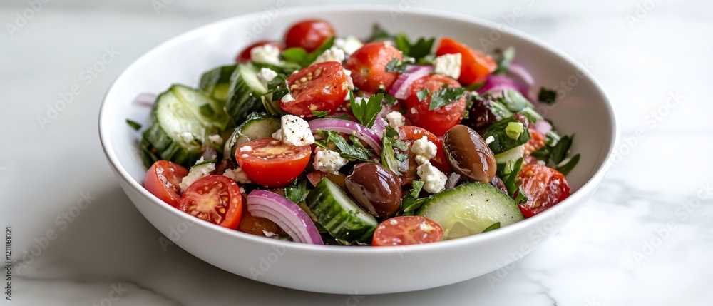 Fresh Mediterranean salad with crisp cucumber, juicy cherry tomatoes, briny olives, creamy feta cheese, and vibrant red onions, drizzled with rich olive oil and tangy balsamic vinegar Fresh Mediterranean salad with crisp cucumber, juicy cherry tomatoes, briny olives, creamy feta cheese, and vibrant red onions, drizzled with rich olive oil and tangy balsamic vinegar