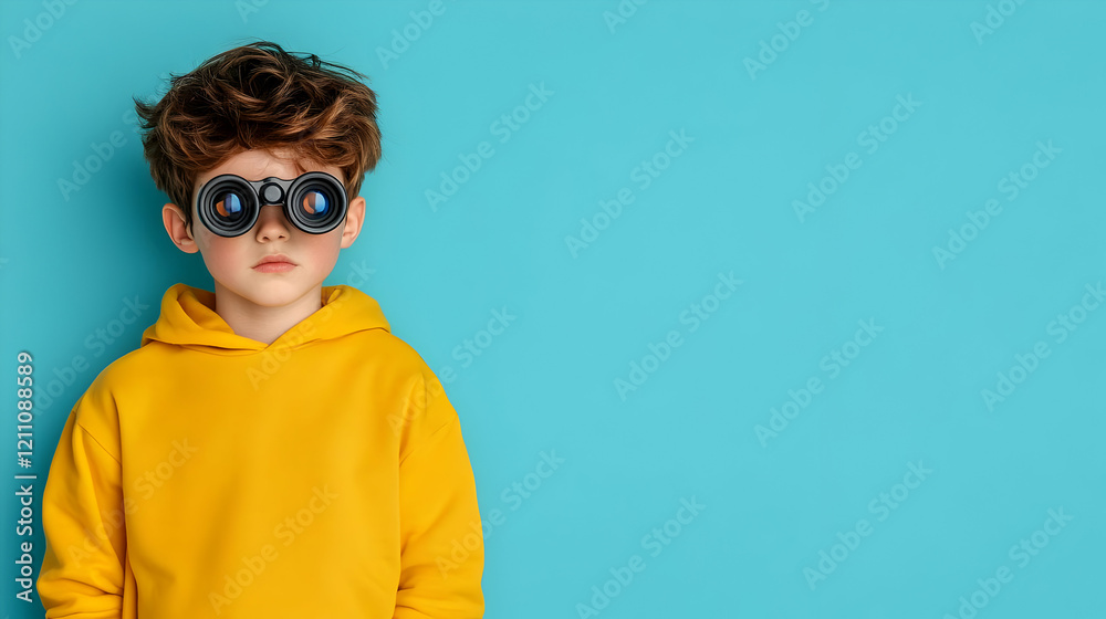 Curious Boy Looks Through Binoculars, Wearing a Yellow Hoodie, Against a Blue Background Curious Boy Looks Through Binoculars, Wearing a Yellow Hoodie, Against a Blue Background