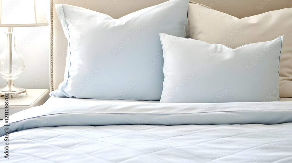 Obraz premium Soft Blue Bedding Enhances Bedroom Comfort and Style with Pillows and Comforter Neatly Arranged on Bed