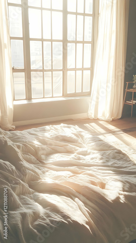 Sunlit Bedroom with Unmade ...