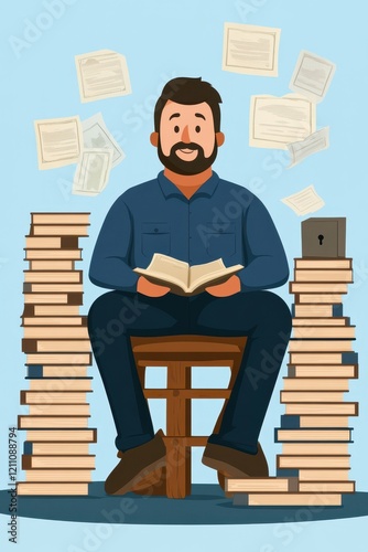 Man reading book surrounded by floating papers