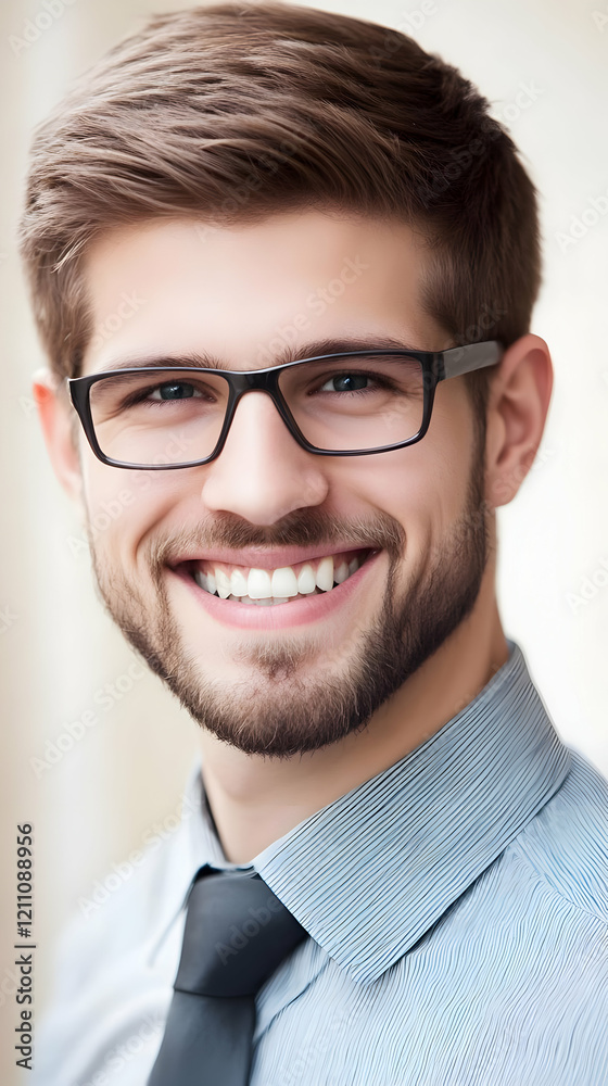 Smiling Professional Man Wearing Glasses and Tie, Radiating Confidence and Success Happily Smiling Professional Man Wearing Glasses and Tie, Radiating Confidence and Success Happily