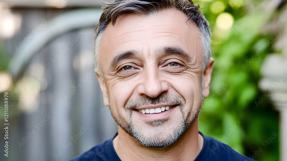 Portrait of a Smiling Mature Man with Short Graying Hair and a Beard Outdoors Portrait of a Smiling Mature Man with Short Graying Hair and a Beard Outdoors