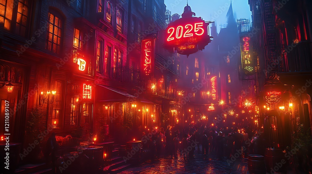 Fototapeta premium A Glowing City Street Scene In Two Thousand Twenty Five