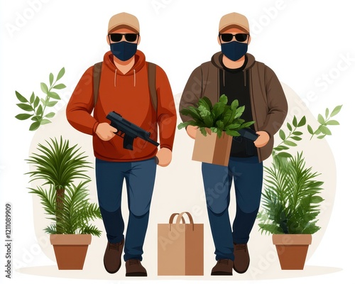 Two masked individuals with plants.