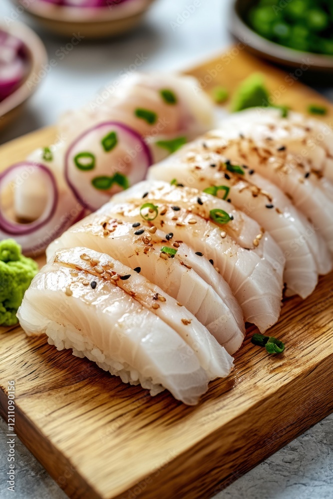 Delicious Sashimi Platter: Fresh White Fish, Sesame Seeds, and Red Onions Delicious Sashimi Platter: Fresh White Fish, Sesame Seeds, and Red Onions