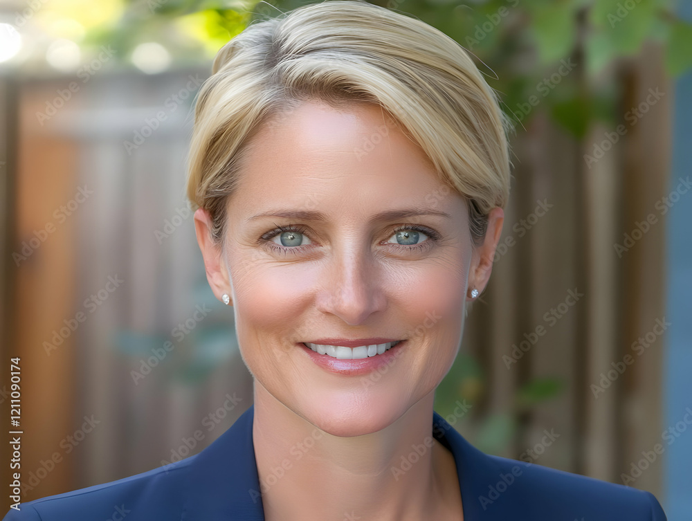 Fototapeta premium Smiling Blonde Woman in Blue Blazer Poses Confidently Outdoors