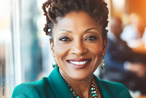 Smiling Woman Poses in Teal...