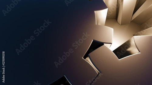 Close-up of metal gears of a mechanism slowly rotating at night in the glare of light. 3d rendering animation