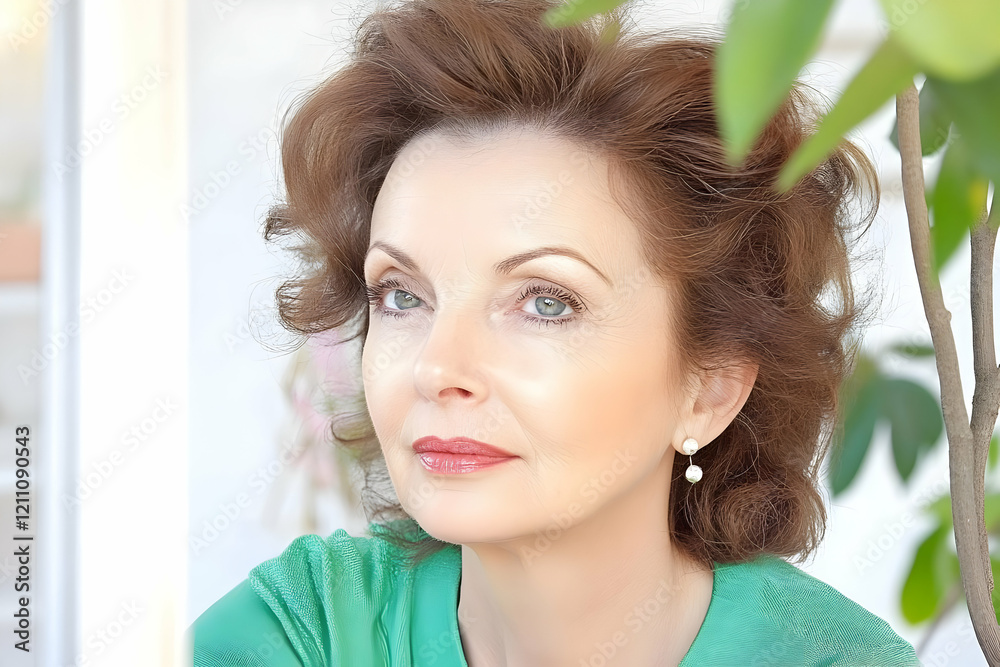 Mature Woman with Brown Hair Wears Green Shirt and Pearl Earrings Gazing Thoughtfully Mature Woman with Brown Hair Wears Green Shirt and Pearl Earrings Gazing Thoughtfully