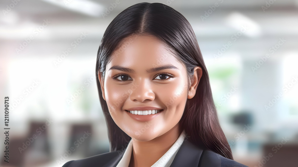 Fototapeta premium Smiling Businesswoman Poses Confidently in Blurred Office Background, Ready for Business Challenges.