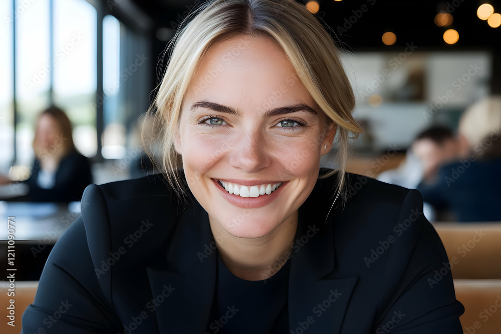 Portrait of a cheerful businesswoman smiling brightly in a cafe, radiating confidence and professionalism. Portrait of a cheerful businesswoman smiling brightly in a cafe, radiating confidence and professionalism.