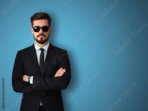 Confident man in suit with sunglasses.