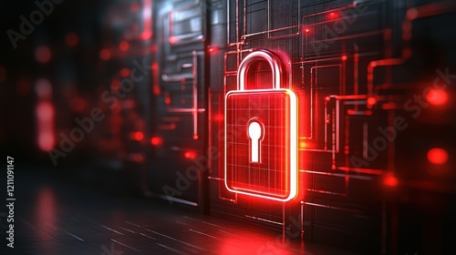 Digital lock symbol with glowing effects.