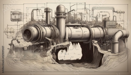 Detailed illustration of complex piping system with underground features and engineering diagrams. Generative AI