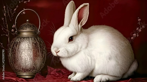 White Rabbit Sits Calmly Ne...