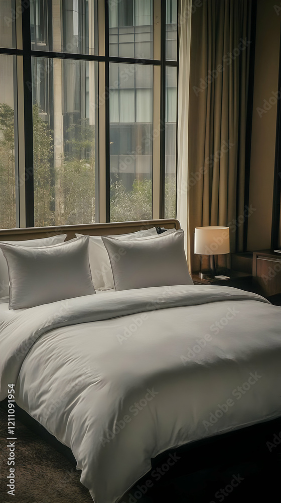 Fototapeta premium Crisp White Bedding Invites Relaxation in a Modern Hotel Room with City Views