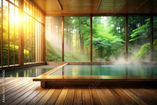 Wallpaper Mural Serene Spa Relaxation Wooden Deck Beside a Tranquil Indoor Pool with Misty Green Scenery Visible Through Large Panoramic Windows Torontodigital.ca