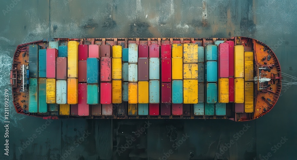Obraz premium Aerial View of Colorful Shipping Vessel Loaded with Containers in the Calm Ocean, Showcasing Maritime Logistics and Global Trade at Port