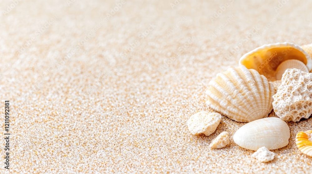 Seashells on sandy beach, summer vacation background Seashells on sandy beach, summer vacation background